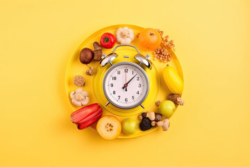A clock surrounded by fruits and vegetables on a yellow background. Generative ai