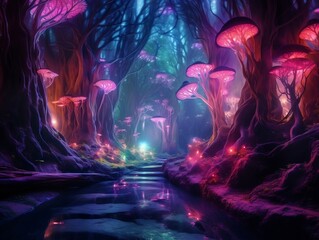 The fantasy of a neon forest glowing colorful like a fairytale generative ai - obrazy, fototapety, plakaty