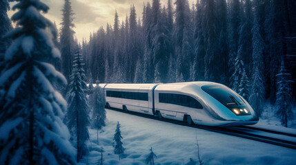 Futuristic Train Journey Through Frozen Forest - generative ai