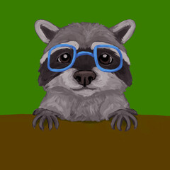 Hand drawn, cute raccoon with glasses