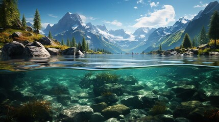  an underwater view of a mountain lake with rocks and trees.  generative ai