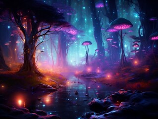 The fantasy of a neon forest glowing colorful like a fairytale generative ai
