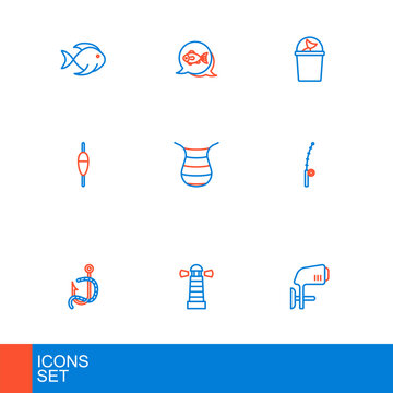 Set line Outboard boat motor, Lighthouse, Fishing hook and worm, rod, float, net, Fisherman hat and icon. Vector