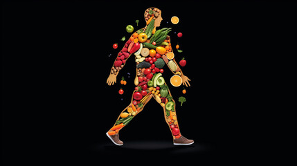 Diet and fitness as a healthy lifestyle of exercise and eating fruits and vegetables to lose weight as a person running or jogging made of fresh produce.