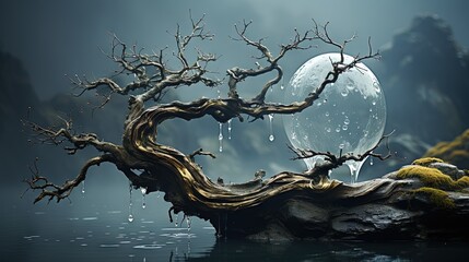  a tree with a moon in the background and water in the foreground.  generative ai