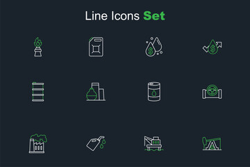 Set line Oil pump or pump jack, platform in the sea, Canister motor machine oil, and gas industrial factory, pipe with valve, Barrel, tank storage and icon. Vector