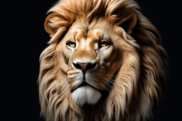 Fototapeta premium Lion king isolated on black, close up