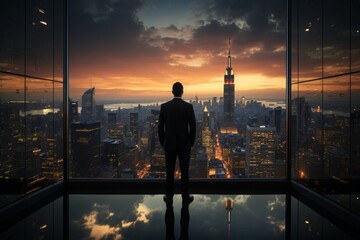 Fototapeta na wymiar As the first light of dawn illuminates soaring skyscrapers, a lone CEO stands gazing out the window, pondering the vastness of a cinematic urban empire.