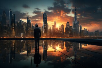 As the first light of dawn illuminates soaring skyscrapers, a lone CEO stands gazing out the window, pondering the vastness of a cinematic urban empire.