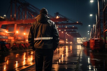 As twilight settles over a global trade port, a dedicated logistics manager stands cinematic, overseeing the dance of shipments, orchestrating the symphony of global commerce.