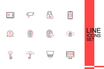 Set line Monitor with password, Fire sprinkler system, Umbrella, Old key, Cloud computing lock, Fingerprint, and Lock icon. Vector
