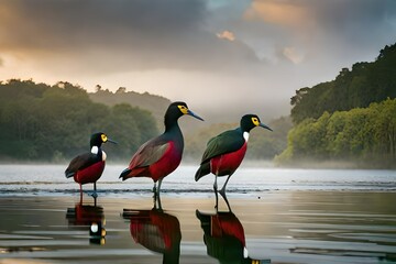 Wattled jacanas (Jacana jacana) among vegetation on the bank of a shallow lake in the La Segua Wetlands, around Chone, Ecuador