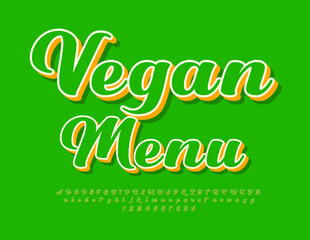 Vector eco emblem Vegan Menu. Bright handwritten 3D Font. Modern Alphabet Letters, Numbers and Symbols