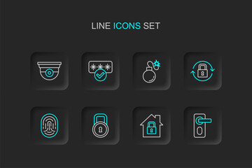 Set line Fingerprint door lock, House under protection, Lock, Bomb, Password and Security camera icon. Vector