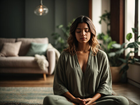 Healthy serene young woman meditating at home with eyes closed, relaxing body and mind sitting on floor in living room. Mental health and meditation for no stress. Generative Ai content.