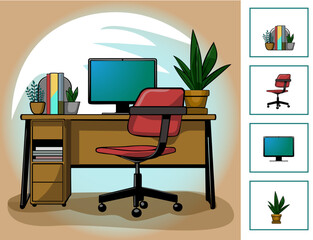  Back to School vector illustration of a desk with a laptop and chair, in the style of vibrant comics. Easy edit with all parts grouped separately.