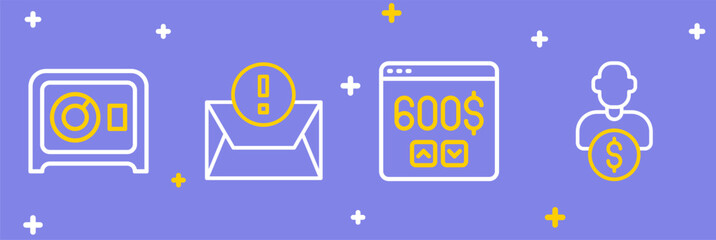 Set line Business investor, Monitor with dollar, Envelope and Safe icon. Vector