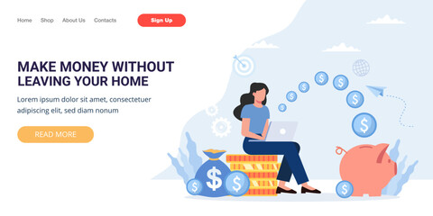 make money without leaving your home web banner or landing page Vector online work from home web home page 