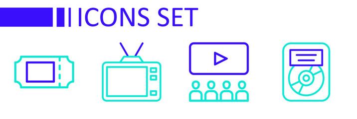 Set line CD disk award in frame, Cinema auditorium with screen, Retro tv and ticket icon. Vector