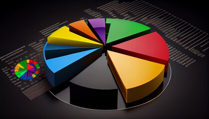 3d rendering of pie chart in black background with colorful rainbow bars, 3d rendering of pie chart in Black background with business charts and graphs, Ai generated image 