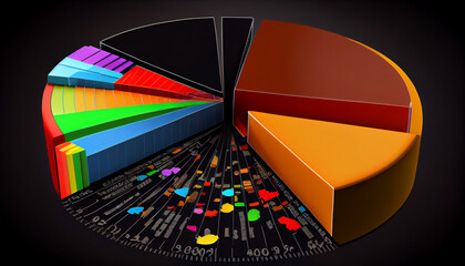 3d rendering of pie chart in black background with colorful rainbow bars, 3d rendering of pie chart in Black background with business charts and graphs, Ai generated image 