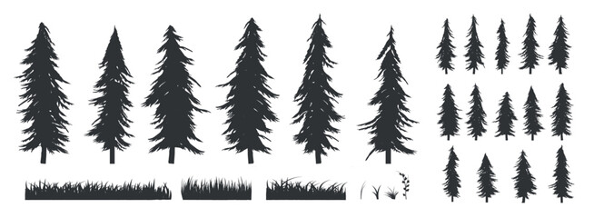 Pine trees and grass collection - Vector illustration of various tree design elements in detailed silhouette style on white background