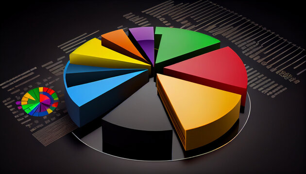3d rendering of pie chart in black background with colorful rainbow bars, 3d rendering of pie chart in Black background with business charts and graphs, Ai generated image 