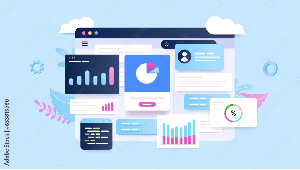 Poster digital data and statistics in abstract web browser with graphs, charts and diagrams. vector illustr