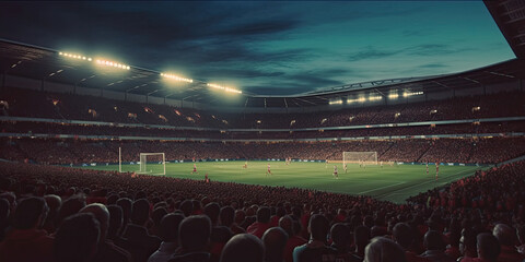 Wide shot of london football ground full of cheering fans.
