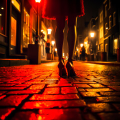 Woman standing in a red light district wearing a short skirt and high heels on a cobblestone street. Concept of prostitution and human trafficking.  - obrazy, fototapety, plakaty