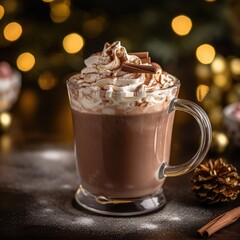 Hot chocolate with marshmallows, warm cozy Christmas drink. Background .
