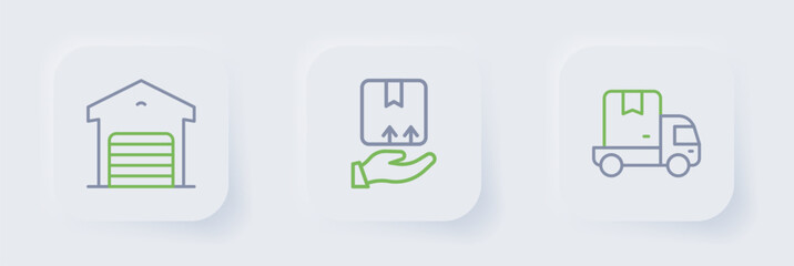 Set line Delivery cargo truck, hand with box and Warehouse icon. Vector