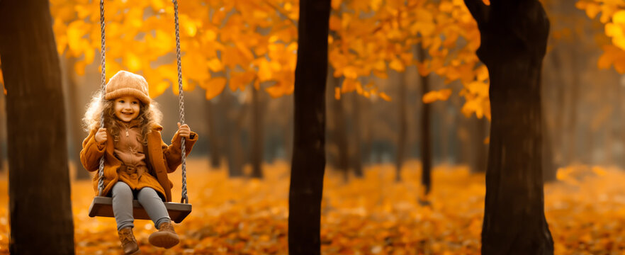 Child on a swing in a park with orange autumn leaves covering the ground. Concept of the Fall season and joy. Shallow field of view.