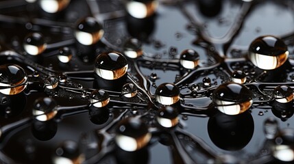  a close up of a bunch of water droplets on a black surface.  generative ai