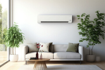 Living room interior with air conditioner. Adjusting comfort temperature in home at hot summer, cooling air in the room