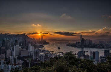 Sunset of Victoria Harbour in Hong Kong