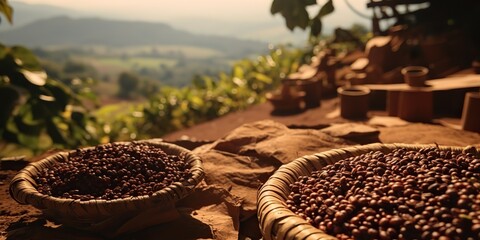 AI Generated. AI Generative. Coffee beans plantation nature outdoor landscape. Can be used for food travel promotion. - obrazy, fototapety, plakaty