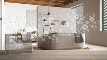Tablet wireless with smart home app on wooden table, geometric background with connected line and dots showing internet of things system, home automation concept over white bathroom