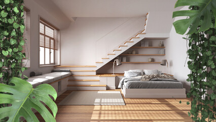 Jungle frame, biophilic concept idea interior design. Tropical leaves over minimal white bedroom...