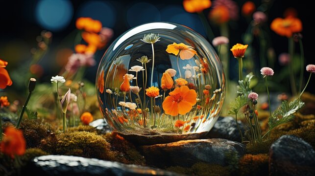  a glass ball with flowers inside of it sitting on a rock.  generative ai
