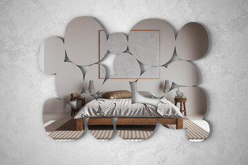 Fototapeta na wymiar Modern mirror in the shape of pebbles hanging on the wall reflecting interior design scene, modern white bedroom, minimalist architect designer concept idea