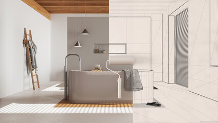 Fototapeta premium Paint roller painting interior design blueprint sketch background while the space becomes real showing bathroom. Before and after concept, architect designer creative work flow