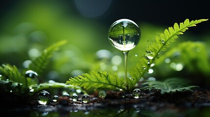  a drop of water sitting on top of a green leaf.  generative ai - obrazy, fototapety, plakaty
