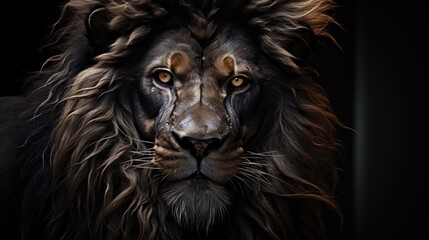  a close up of a lion's face on a black background.  generative ai