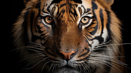  a close up of a tiger's face on a black background.  generative ai