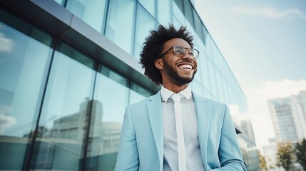 Young man witg afro hair in blue suit.