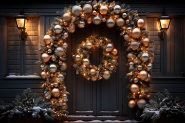 Fototapeta premium Christmas holiday wreath hanging on a door, adorned with shimmering ornaments and twinkling lights