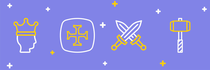 Set line Battle hammer, Crossed medieval sword, Crusade and King crown icon. Vector