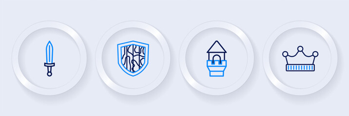 Set line King crown, Castle tower, Shield and Medieval sword icon. Vector