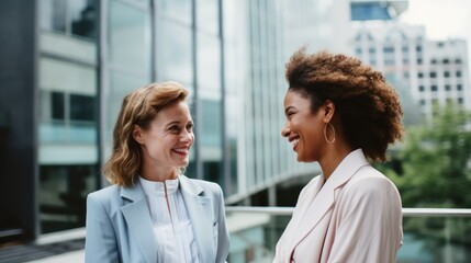 Women talking in suit with business building background